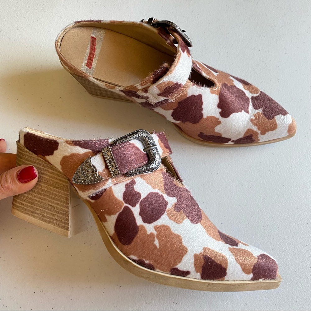 Rag & Co Size 7 Brown Cream Cowhide Print Buckle Strap Slip-on Mule Heel Bootie